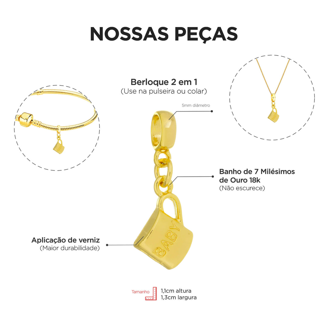 Berloque Canequinha Bebê dourado — ângulo lateral semijoia Work Semijoias