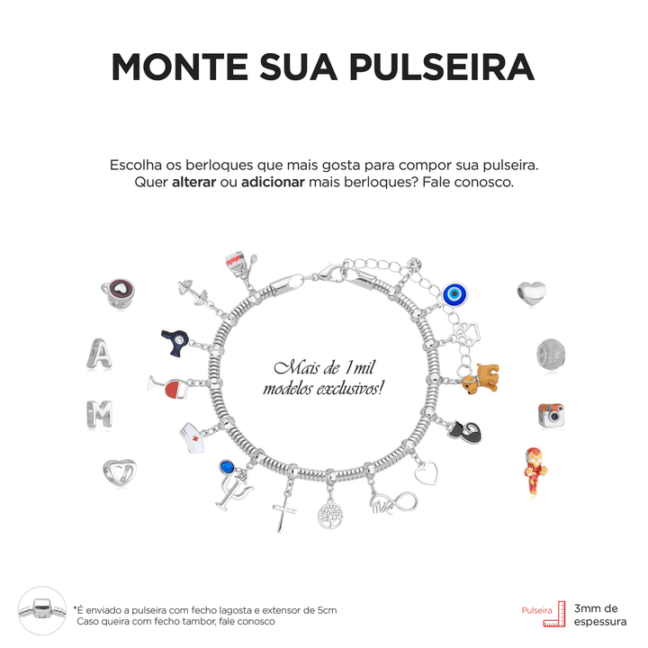 Pulseira Para Berloque Fecho Coração Banhado a Prata 925