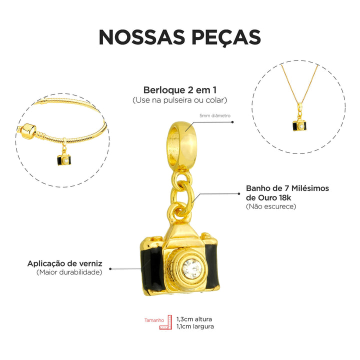 Berloque Câmera Fotográfica dourado — ângulo lateral semijoia Work Semijoias