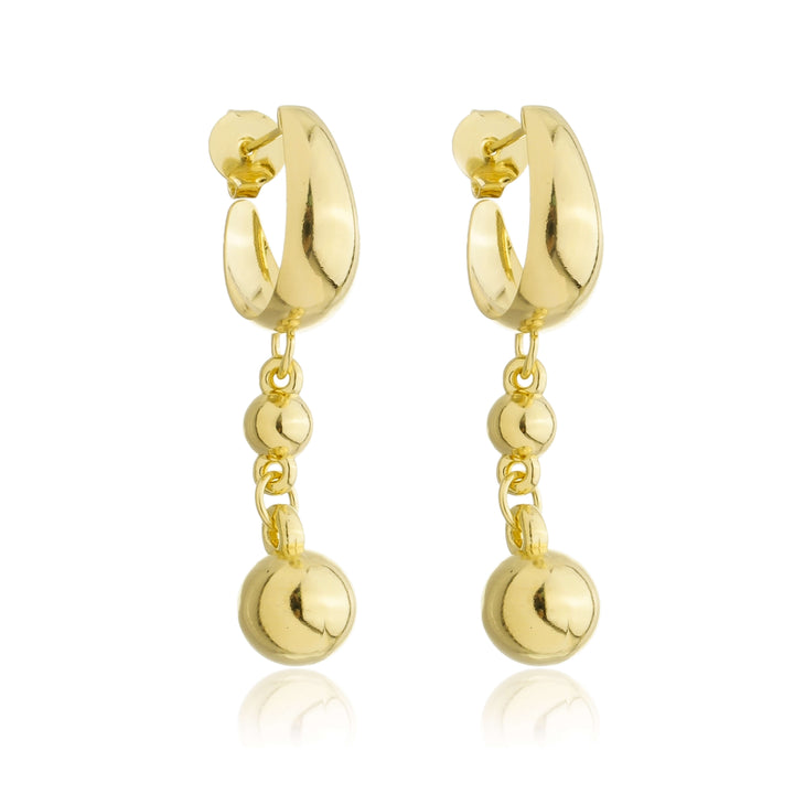Brinco Meia Argola 2 Bolinhas Penduradas dourado semijoia Work Semijoias