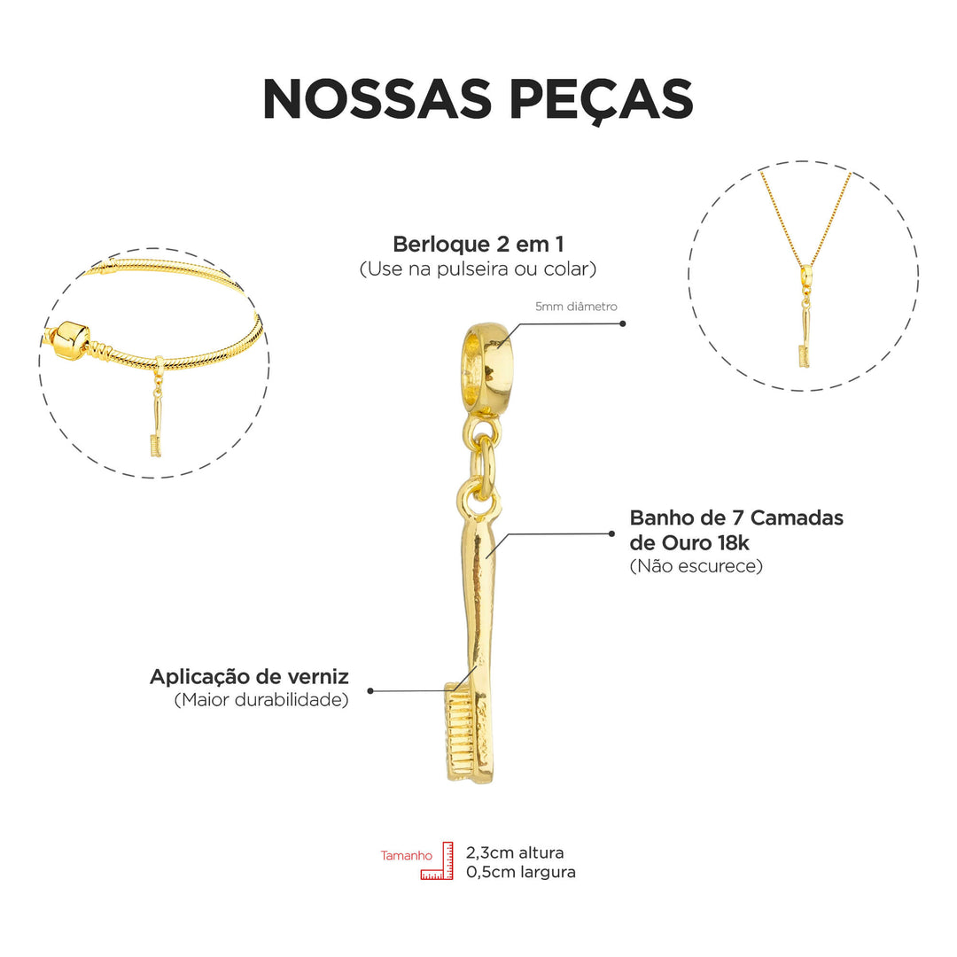 Berloque Escova de Dente dourado — ângulo lateral semijoia Work Semijoias