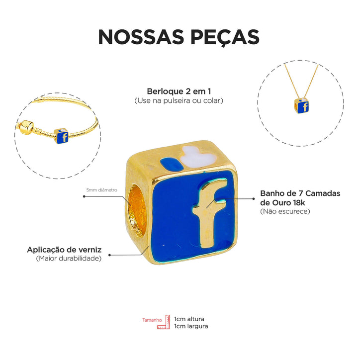 Berloque Facebook separador dourado — ângulo lateral semijoia Work Semijoias