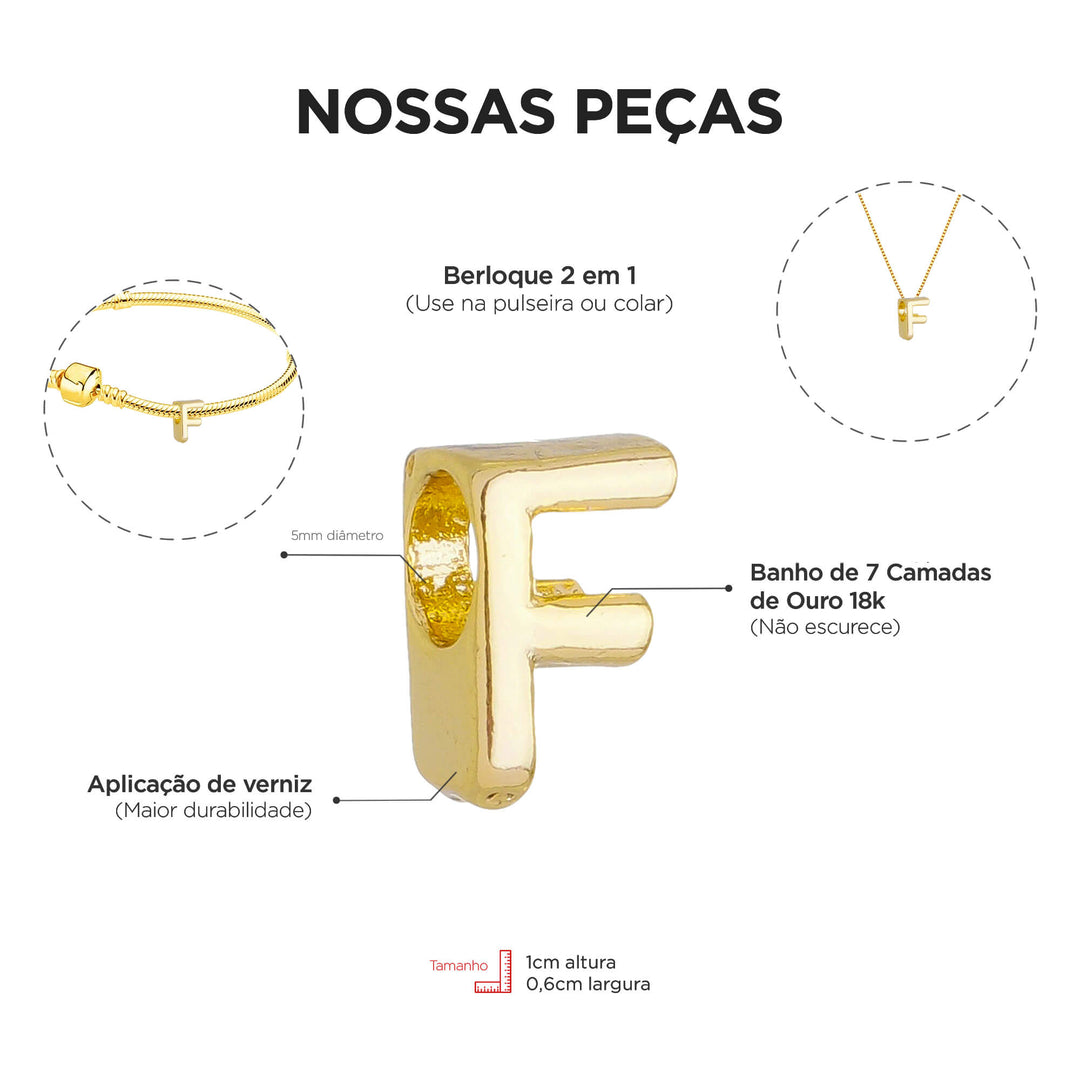 Berloque Letra F dourado — ângulo lateral semijoia Work Semijoias