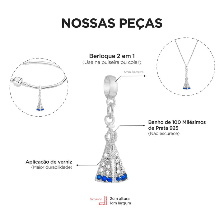 Berloque Nossa Senhora Aparecida Prata 925 — frente e verso da peça