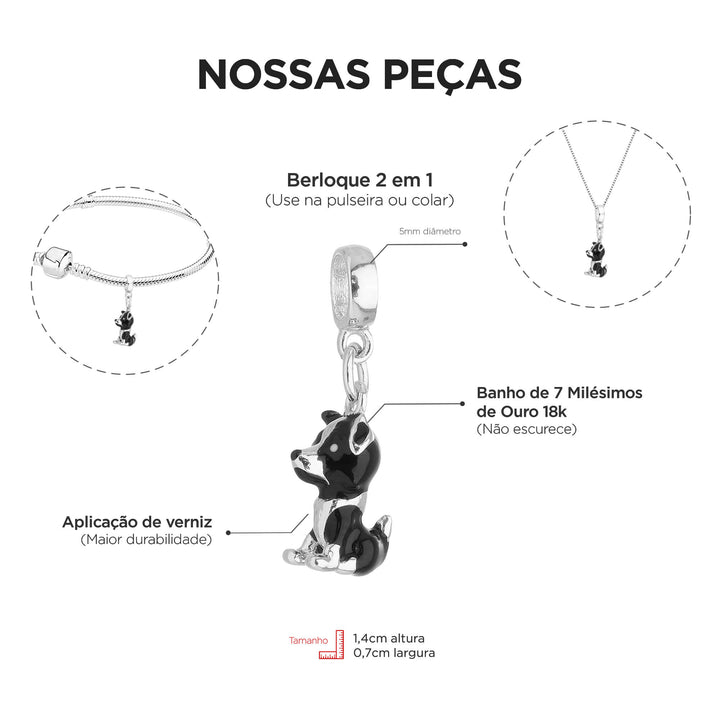 Berloque Border Collie prateado — ângulo lateral semijoia Work Semijoias