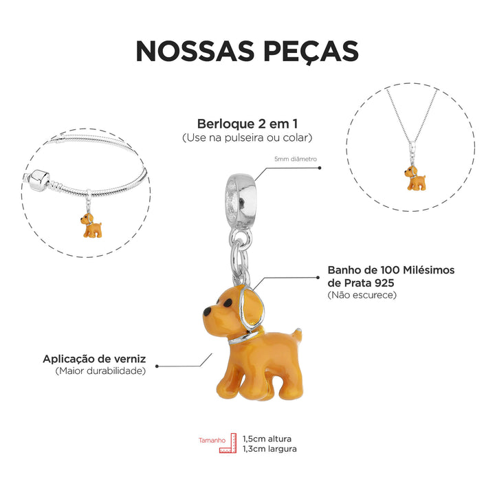 Berloque Golden Retriever Amarelo prateado — ângulo lateral semijoia Work Semijoias