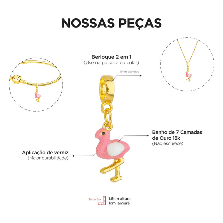 Berloque Flamingo dourado — ângulo lateral semijoia Work Semijoias