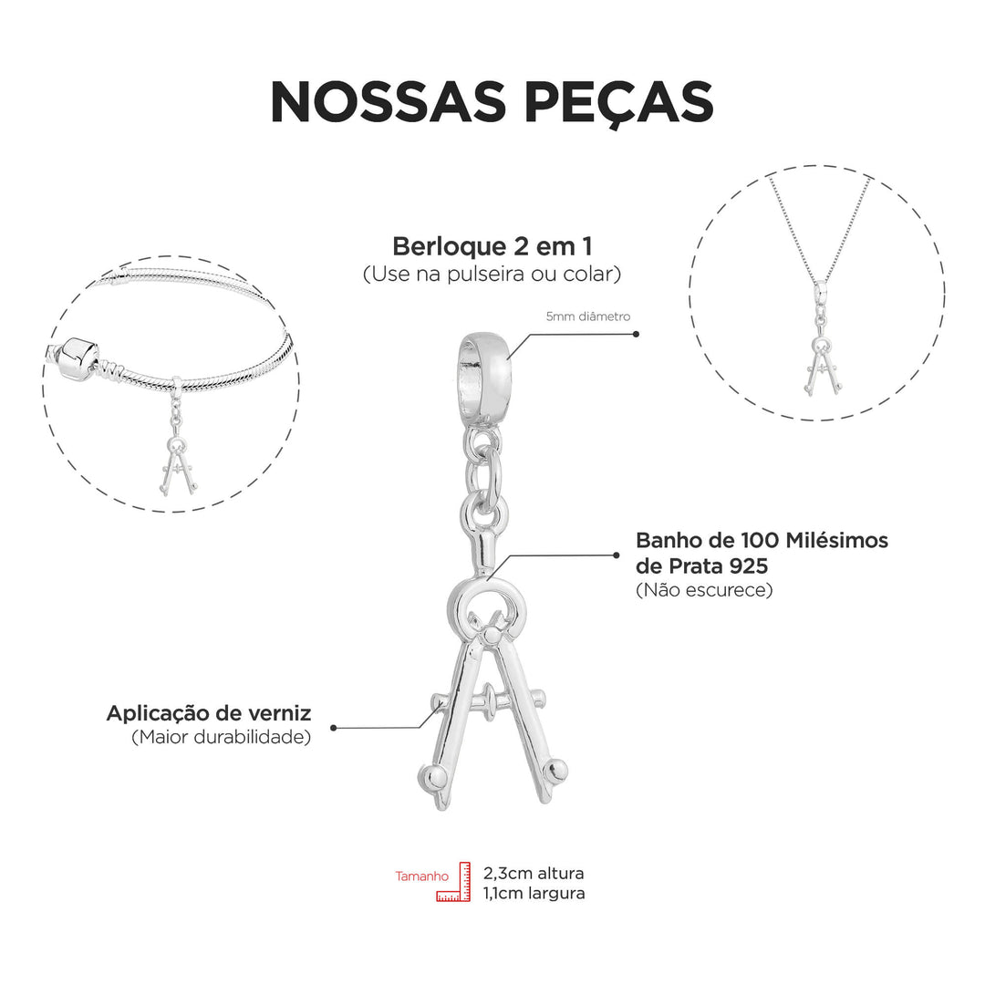 Berloque Compasso Matemática prateado — detalhe da peça Work Semijoias