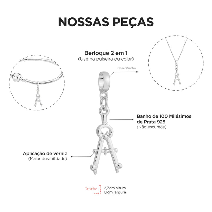 Berloque Compasso Matemática prateado — detalhe da peça Work Semijoias