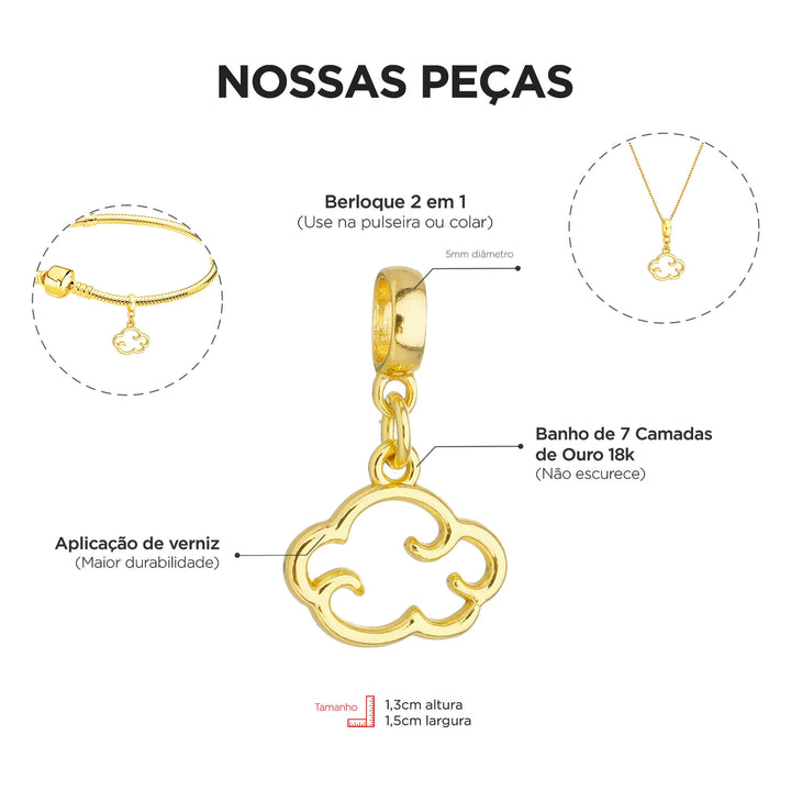 Berloque Nuvem Céu dourado — ângulo lateral semijoia Work Semijoias