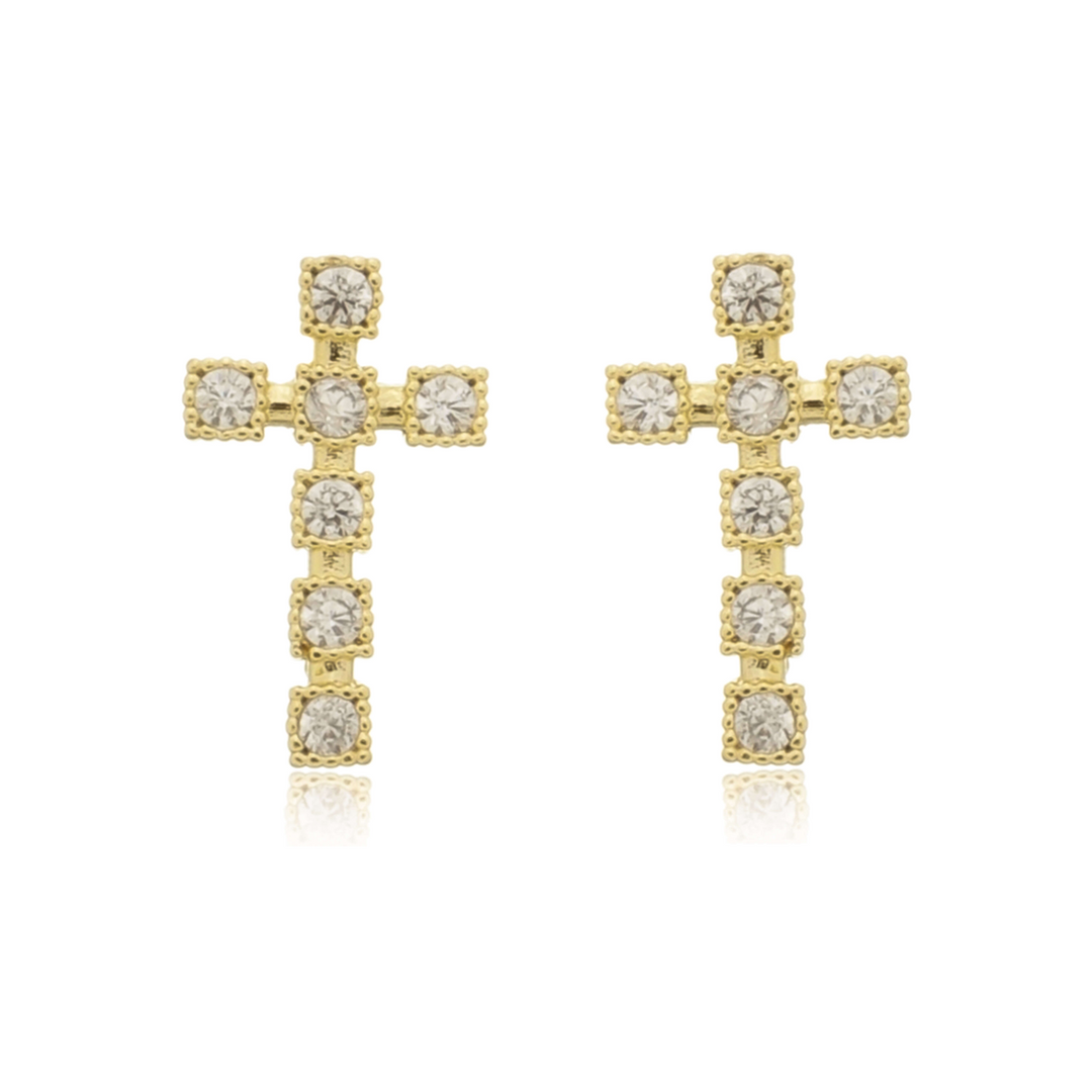 Brinco Cruz Cravejada Zircônia dourado semijoia Work Semijoias