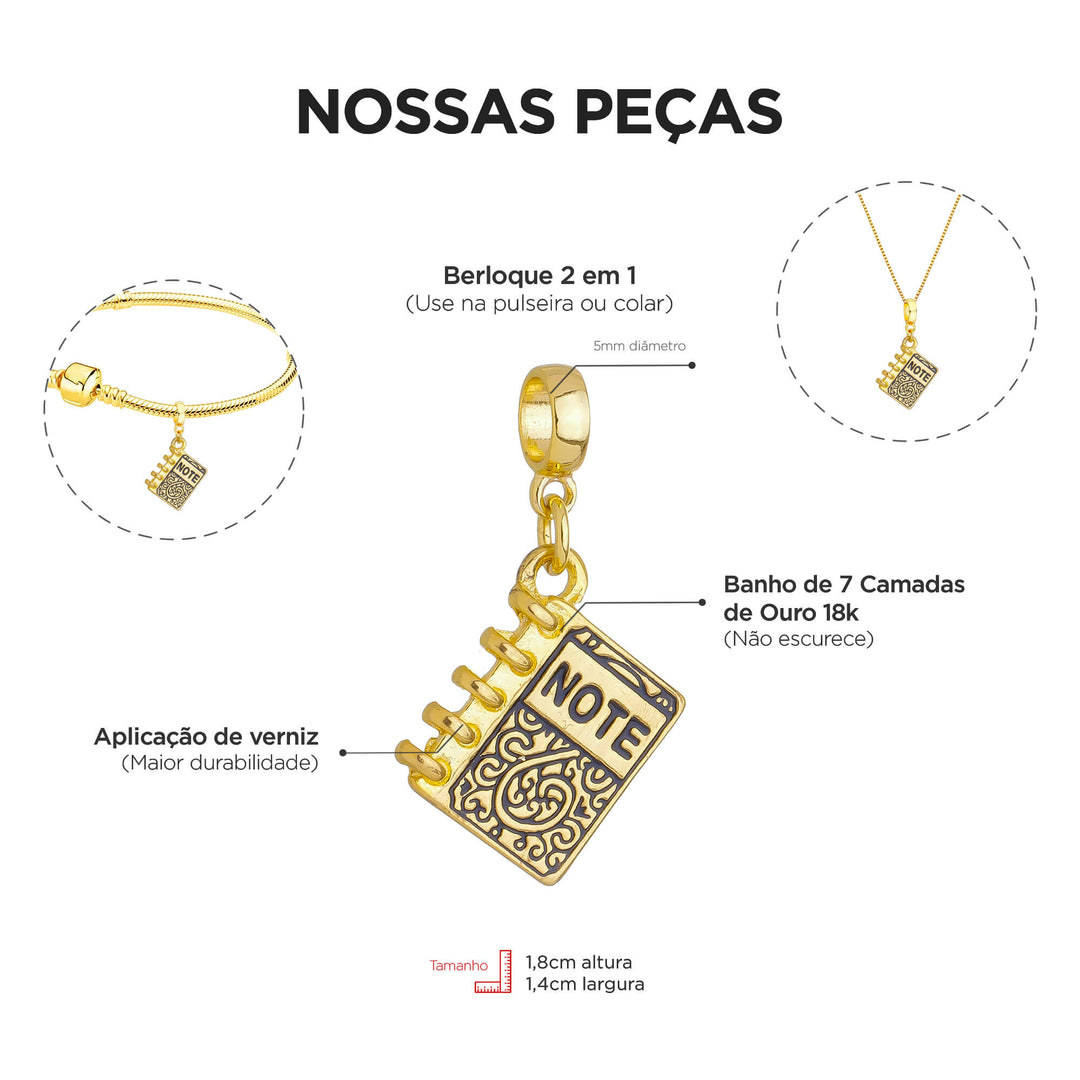 Berloque Caderno dourado — close-up argola Work Semijoias