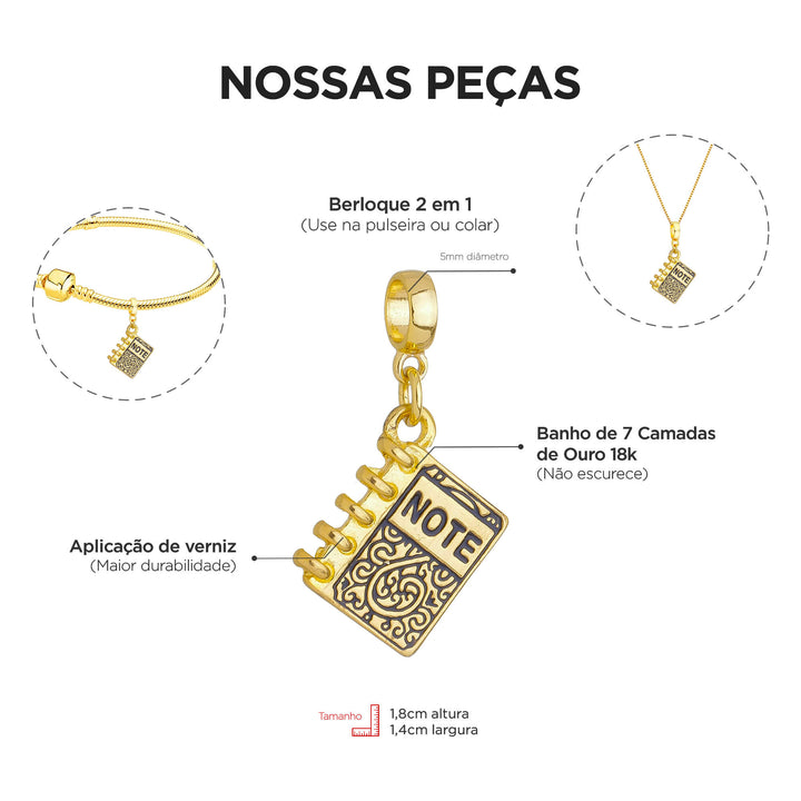 Berloque Caderno dourado — close-up argola Work Semijoias
