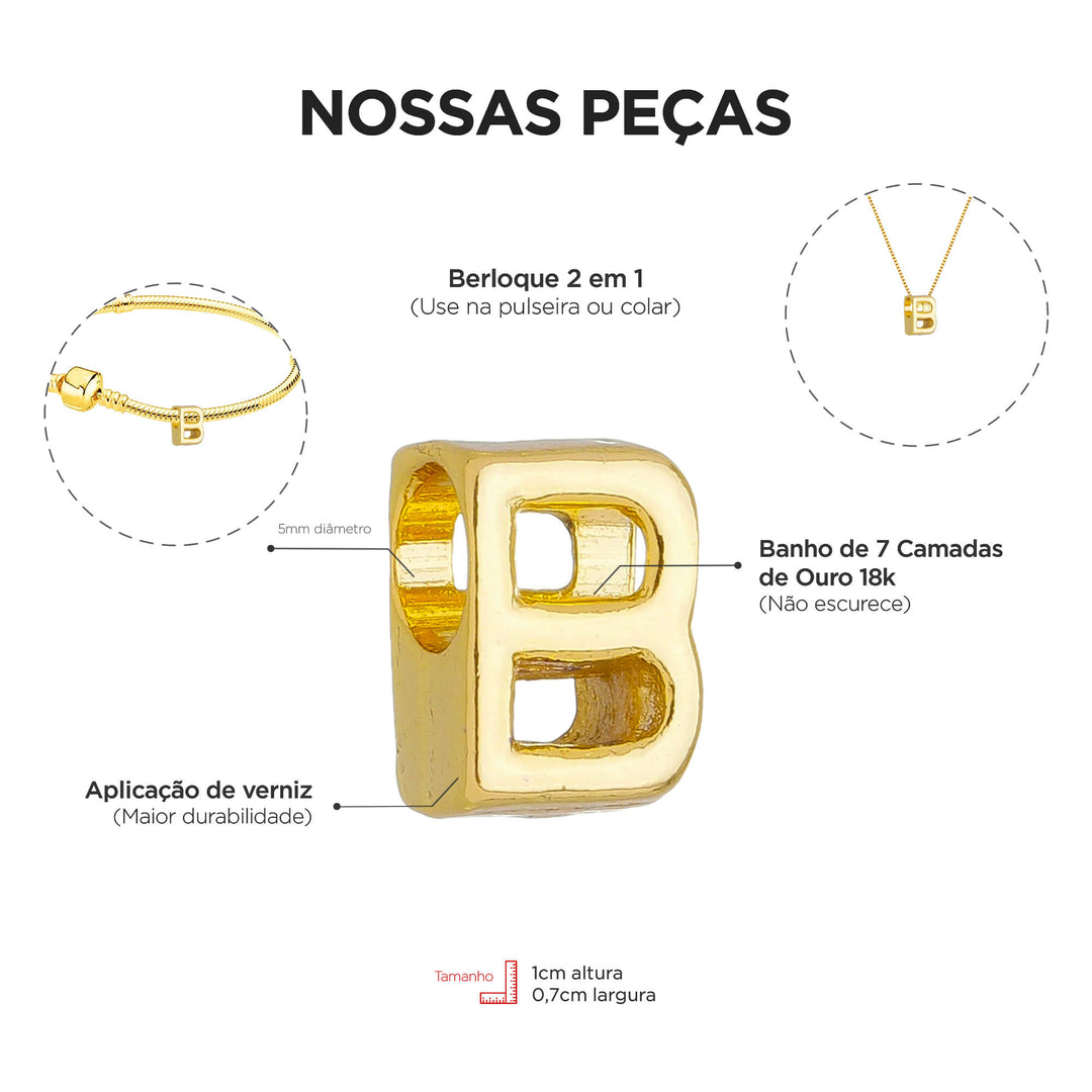 Berloque Letra B dourado — ângulo lateral semijoia Work Semijoias
