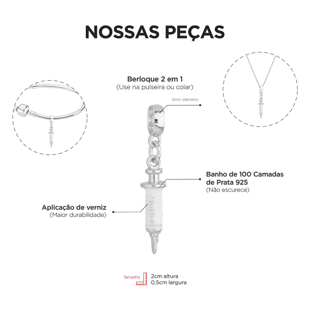 Berloque Seringa prateado — detalhe da peça Work Semijoias