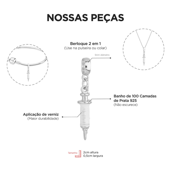 Berloque Seringa prateado — detalhe da peça Work Semijoias