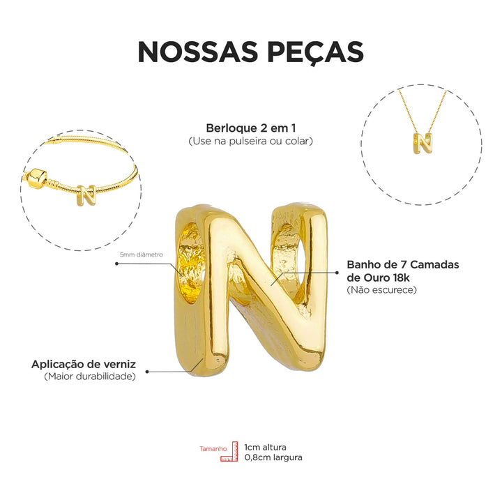 Colar Pingente Letra N Banhado a Ouro 18k