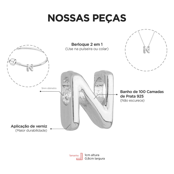 Berloque Letra N separador prateado — detalhe da peça Work Semijoias