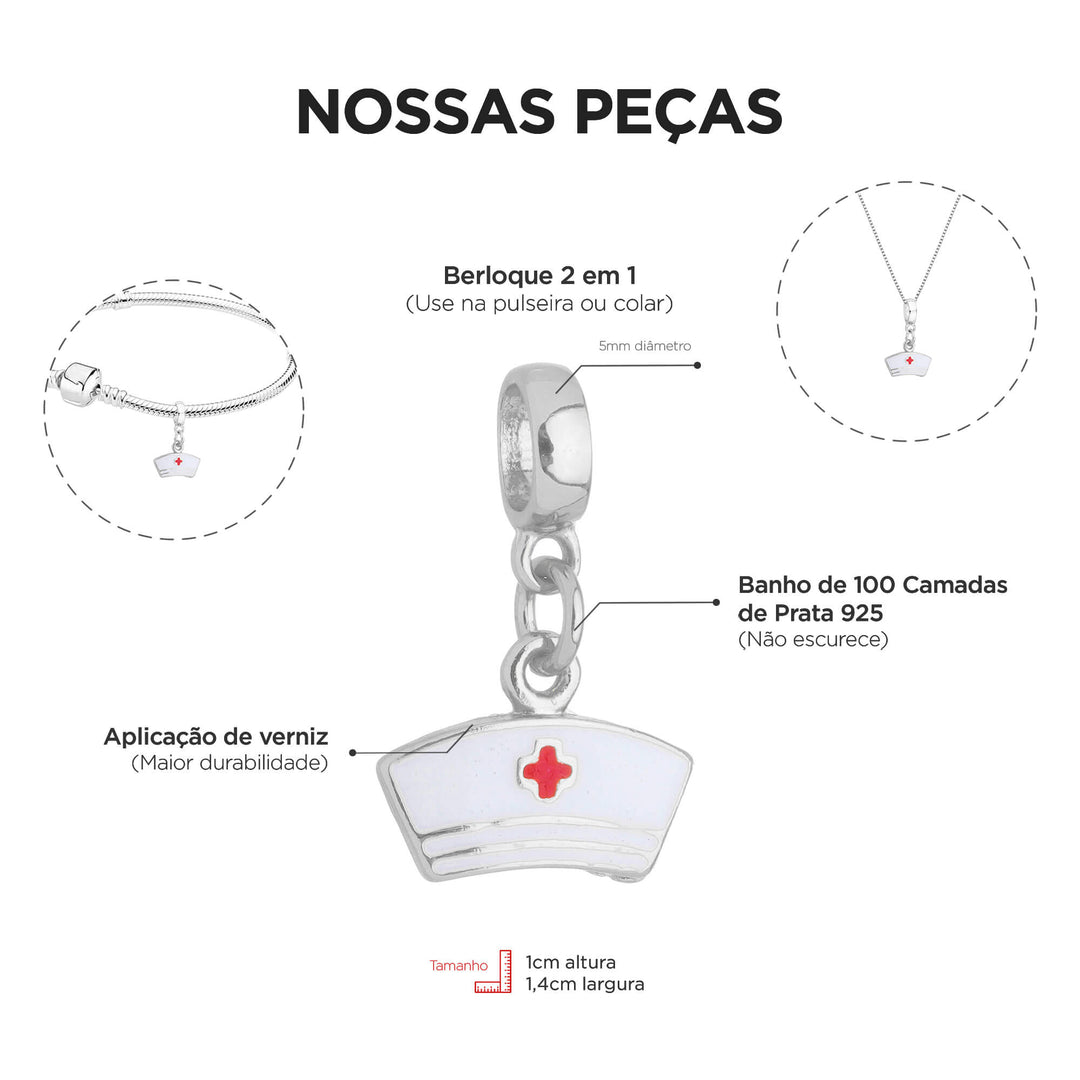 Berloque Chapéu Enfermagem prateado — detalhe da peça Work Semijoias