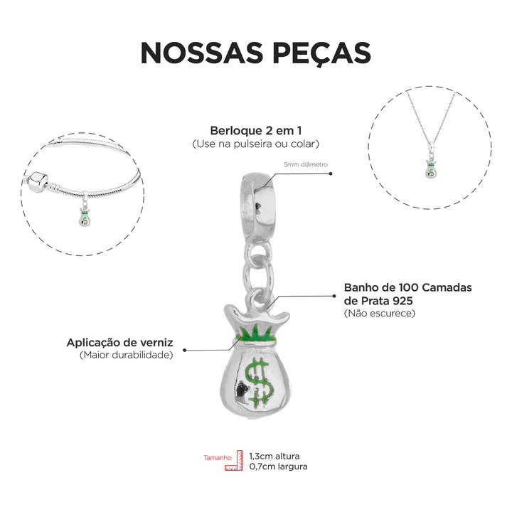 Berloque Saco de Dinheiro prateado — detalhe da peça Work Semijoias