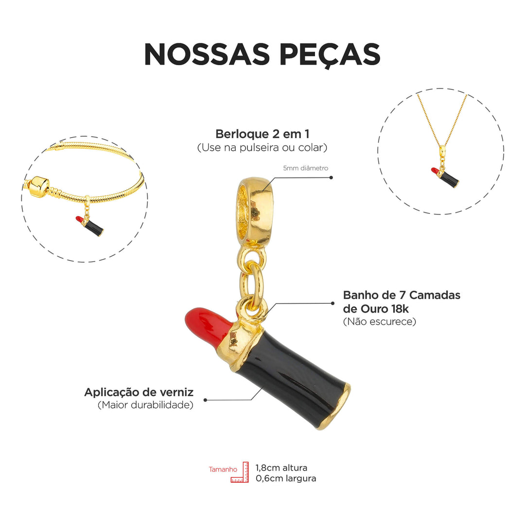 Berloque Batom dourado — ângulo lateral semijoia Work Semijoias