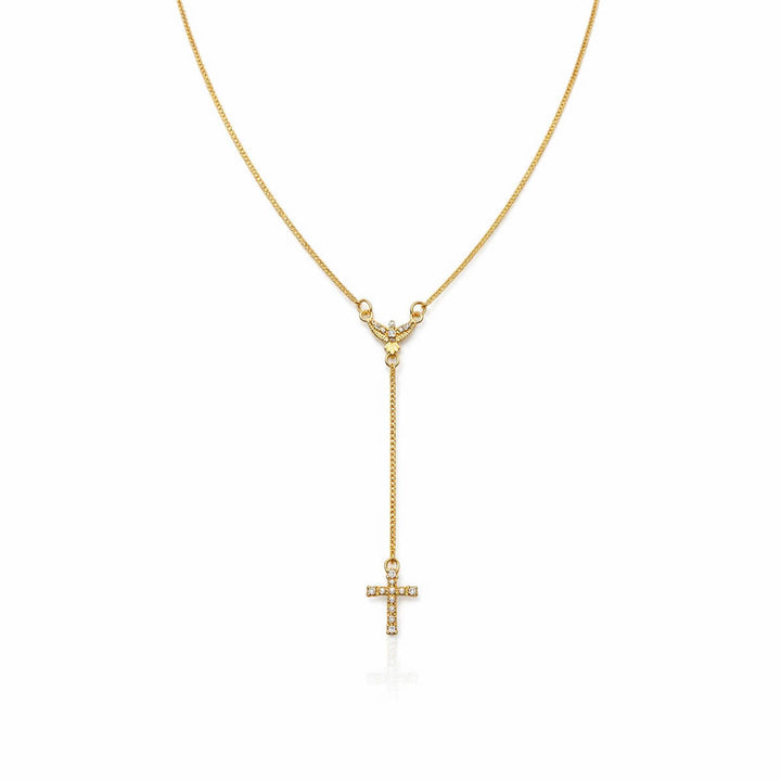 Colar Divino Espírito Santo e Cruz Cravejado Zircônia dourado semijoia Work Semijoias