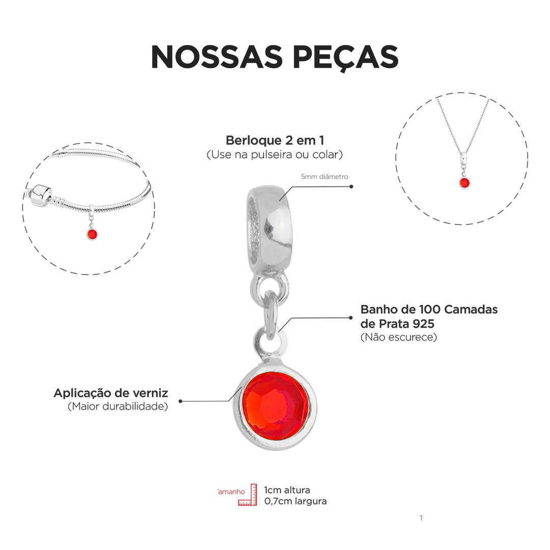 Berloque Cristal Vermelho prateado — detalhe da peça Work Semijoias