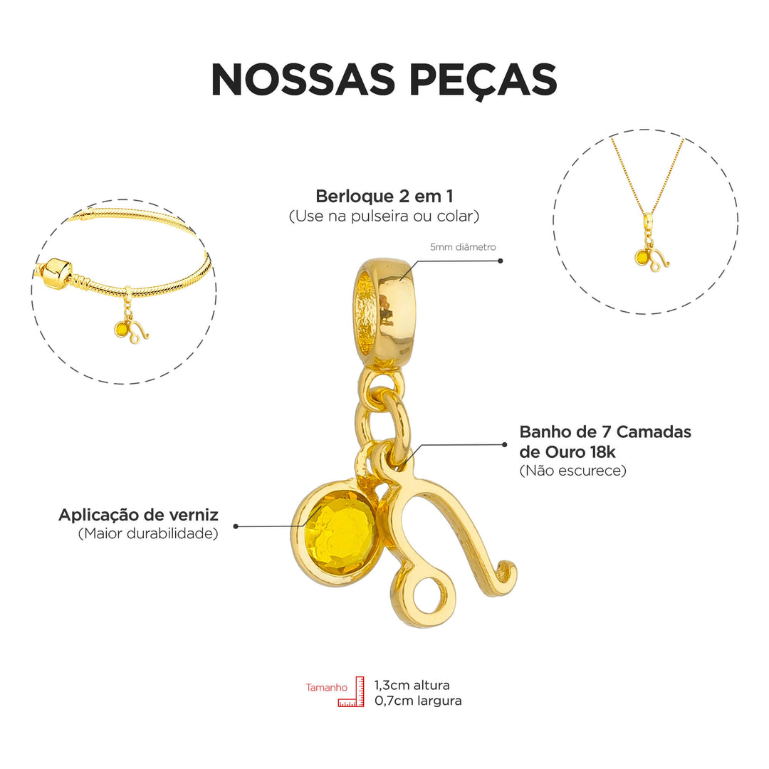 Berloque Signo Leão dourado — ângulo lateral semijoia Work Semijoias