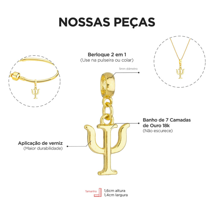 Berloque Símbolo Psicologia dourado — ângulo lateral semijoia Work Semijoias