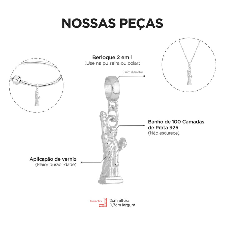 Berloque Estátua Liberdade prateado — ângulo lateral semijoia Work Semijoias