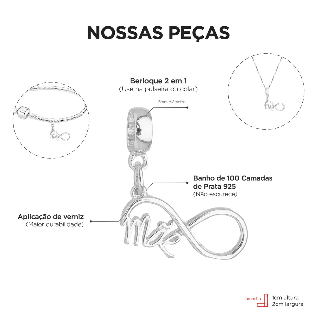 Berloque Símbolo Infinito Mãe prateado — detalhe da peça Work Semijoias