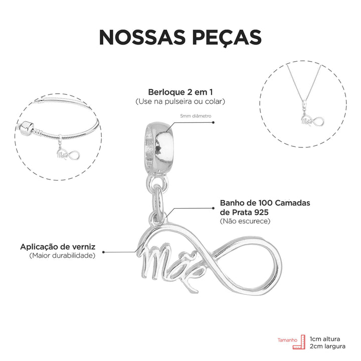 Berloque Símbolo Infinito Mãe prateado — detalhe da peça Work Semijoias