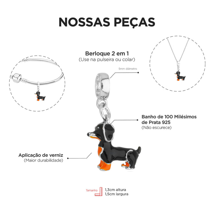 Berloque Salsicha Dachshund prateado — ângulo lateral semijoia Work Semijoias