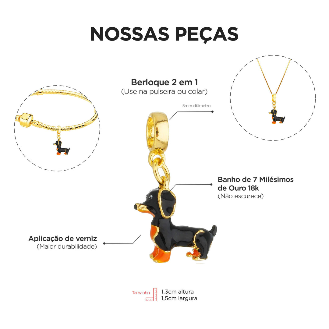 Berloque Salsicha Dachshund dourado — close-up argola Work Semijoias