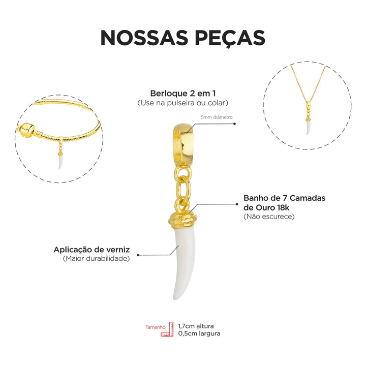Berloque Dente de Sabre dourado — ângulo lateral semijoia Work Semijoias