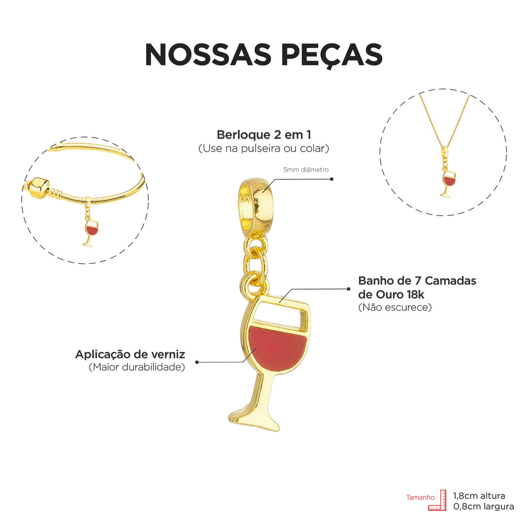 Berloque Taça de Vinho dourado — ângulo lateral semijoia Work Semijoias