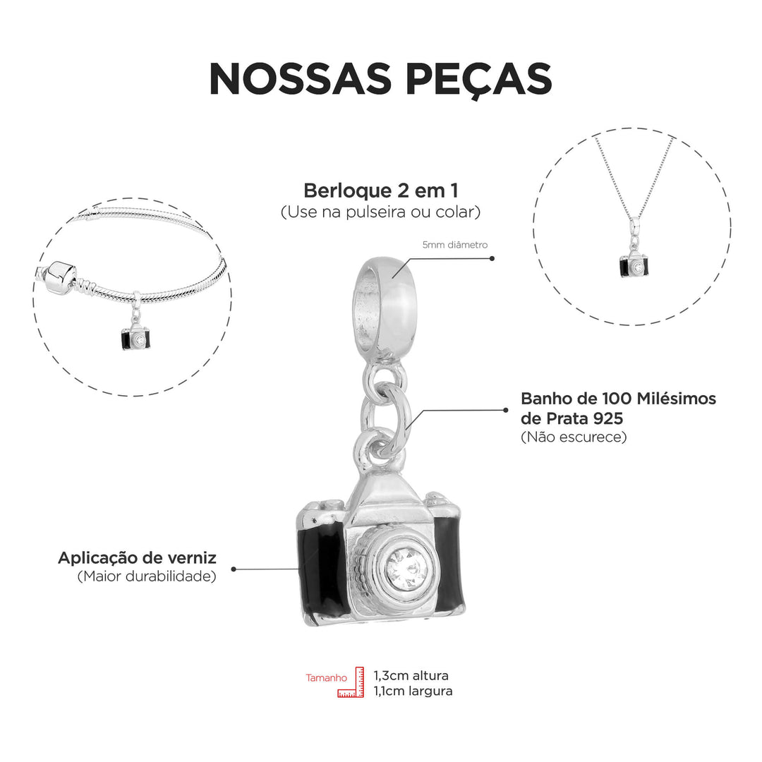 Berloque Câmera Fotográfica prateado — detalhe da peça Work Semijoias