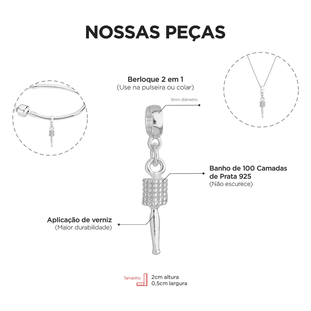 Berloque Escova de Cabelo Cabeleireira prateado — ângulo lateral semijoia Work Semijoias