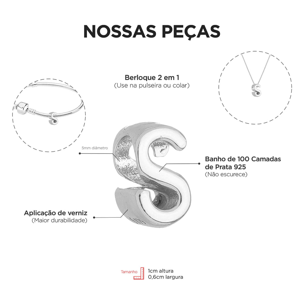 Berloque Letra S separador prateado — detalhe da peça Work Semijoias