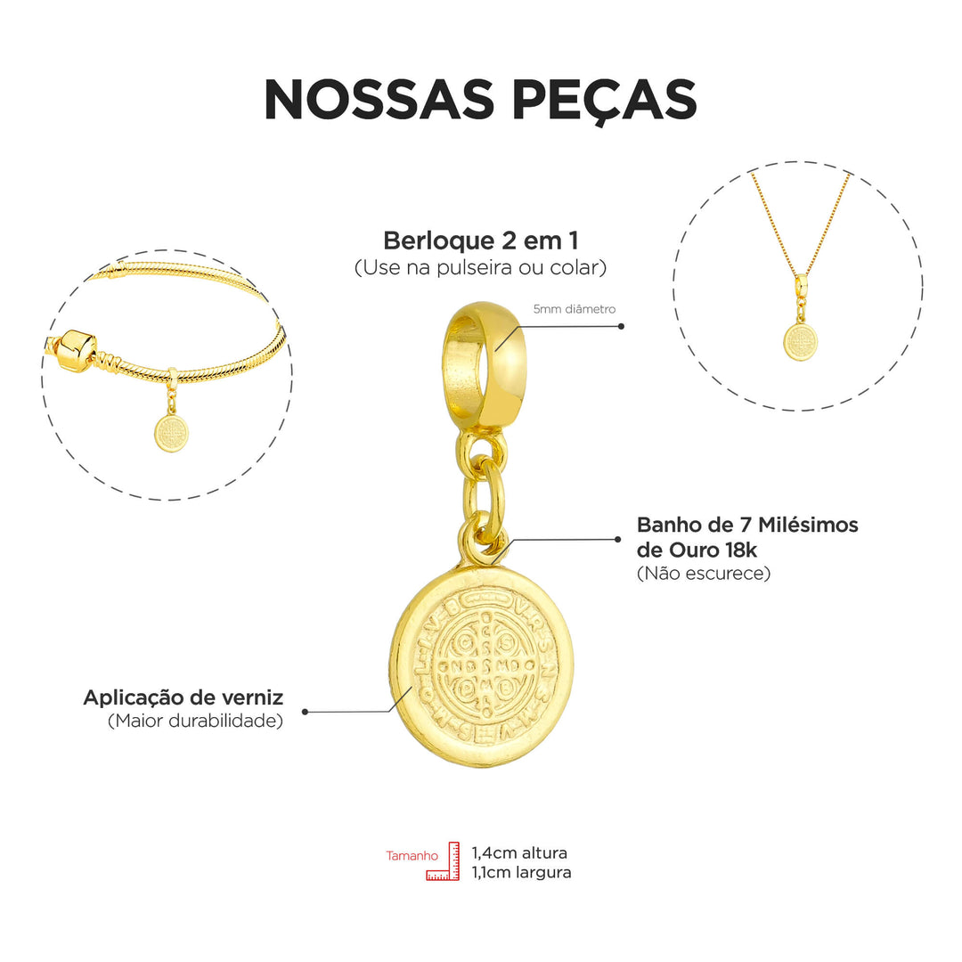 Berloque Medalha São Bento Ouro 18k — detalhe das duas faces