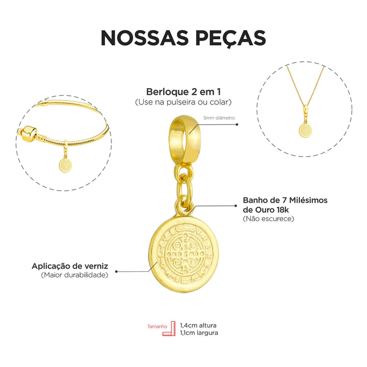 Berloque Medalha São Bento Ouro 18k — detalhe das duas faces