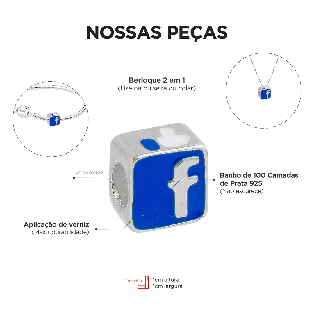 Berloque Facebook separador prateado — detalhe da peça Work Semijoias