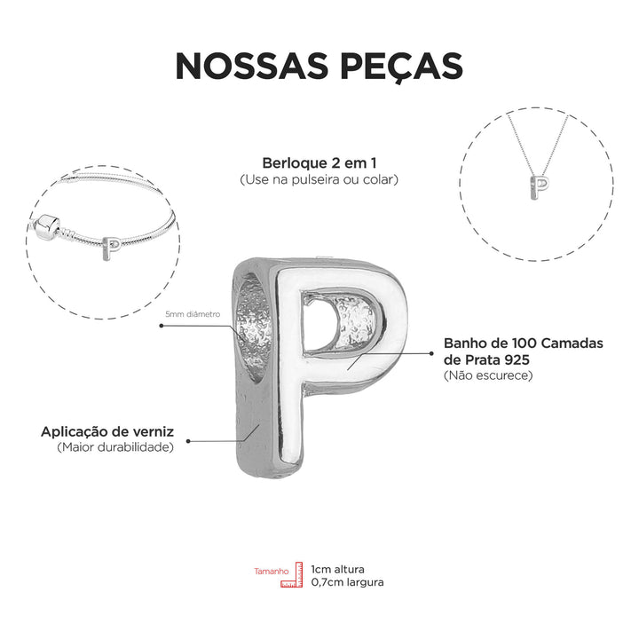 Berloque Letra P separador prateado — detalhe da peça Work Semijoias