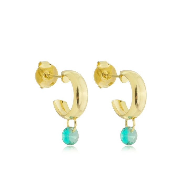 Brinco Meia Argola com Pingente Azul Zircônia dourado semijoia Work Semijoias