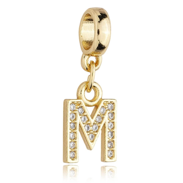 Berloque Letra M Cravejada Zircônia dourado semijoia Work Semijoias