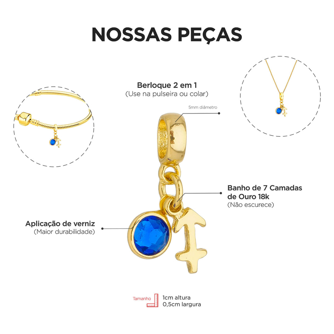 Berloque Signo Sagitário dourado — ângulo lateral semijoia Work Semijoias