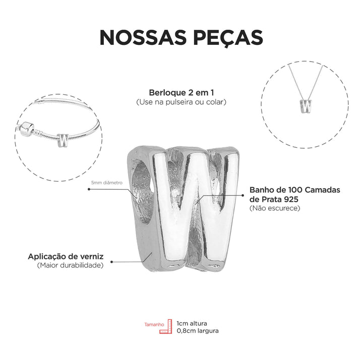 Berloque Letra W separador prateado — detalhe da peça Work Semijoias