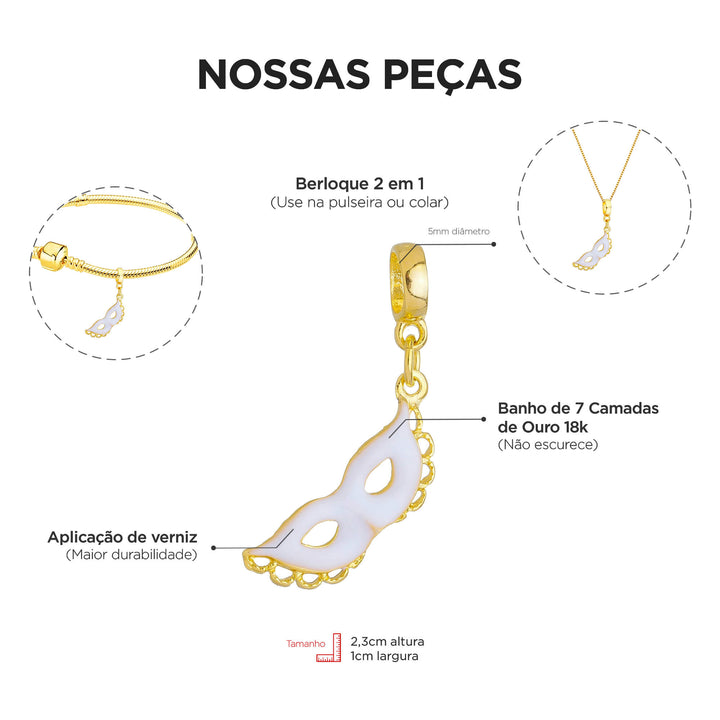 Berloque Máscara Fantasia dourado — ângulo lateral semijoia Work Semijoias