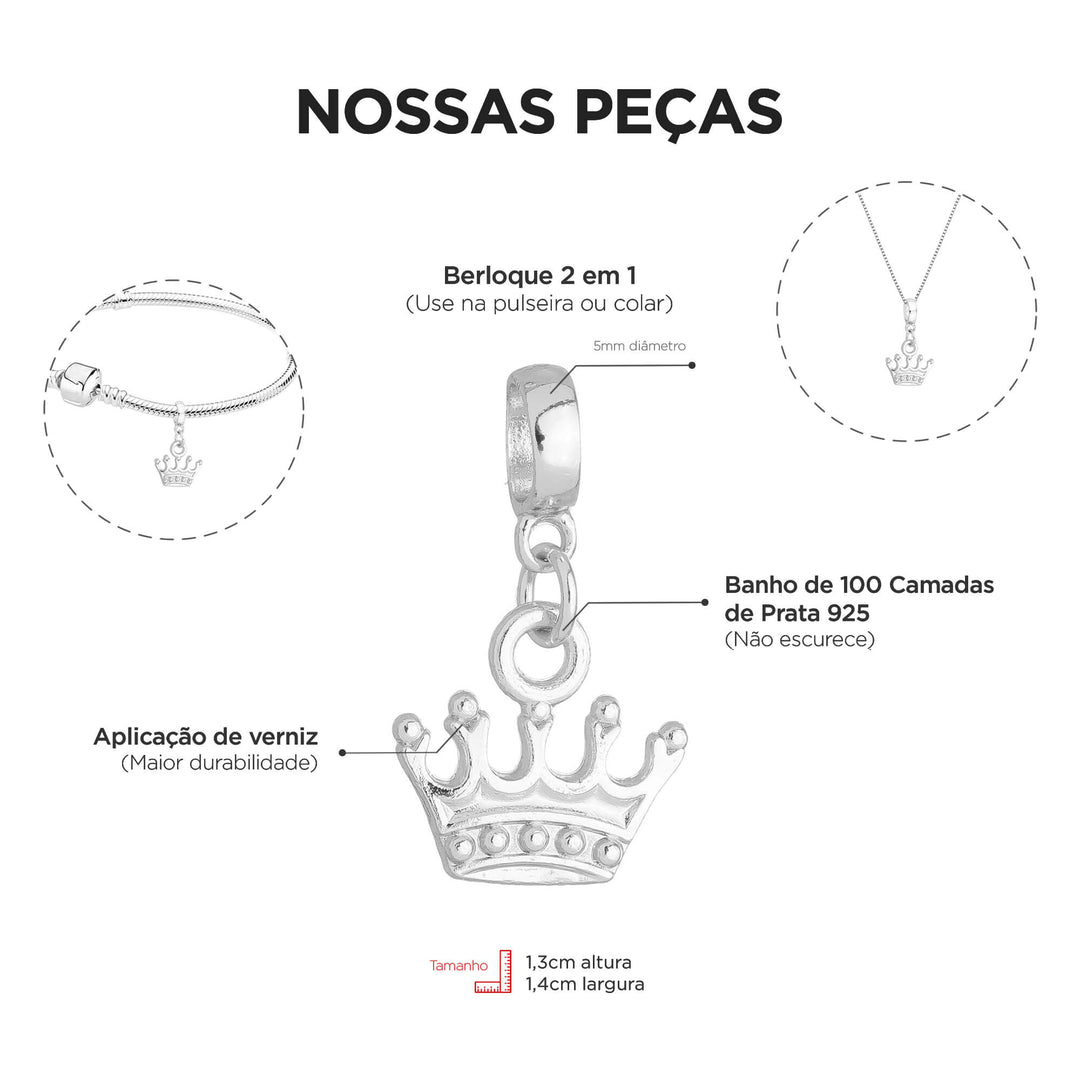 Berloque Coroa prateado — ângulo lateral semijoia Work Semijoias