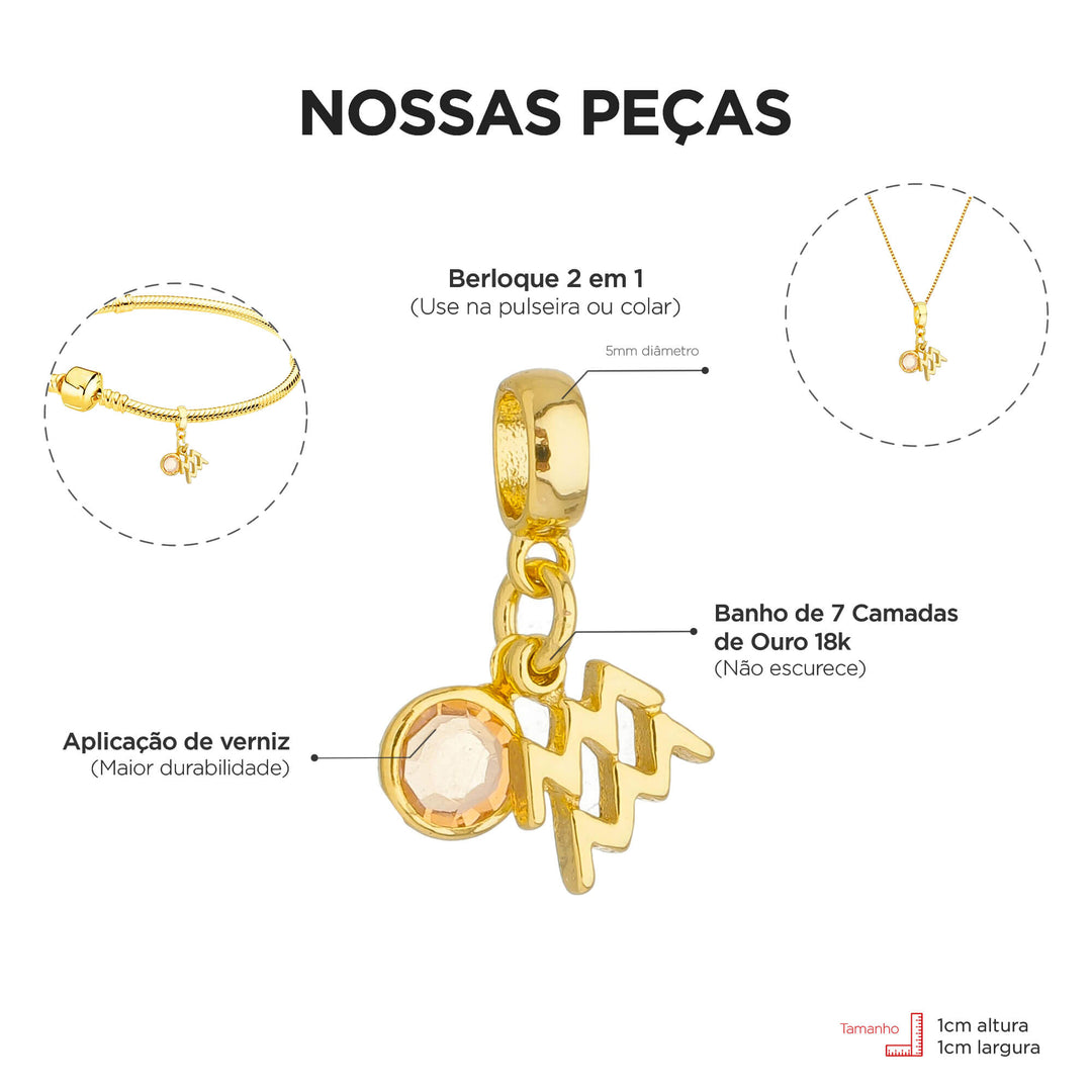 Berloque Signo Aquário dourado — ângulo lateral semijoia Work Semijoias